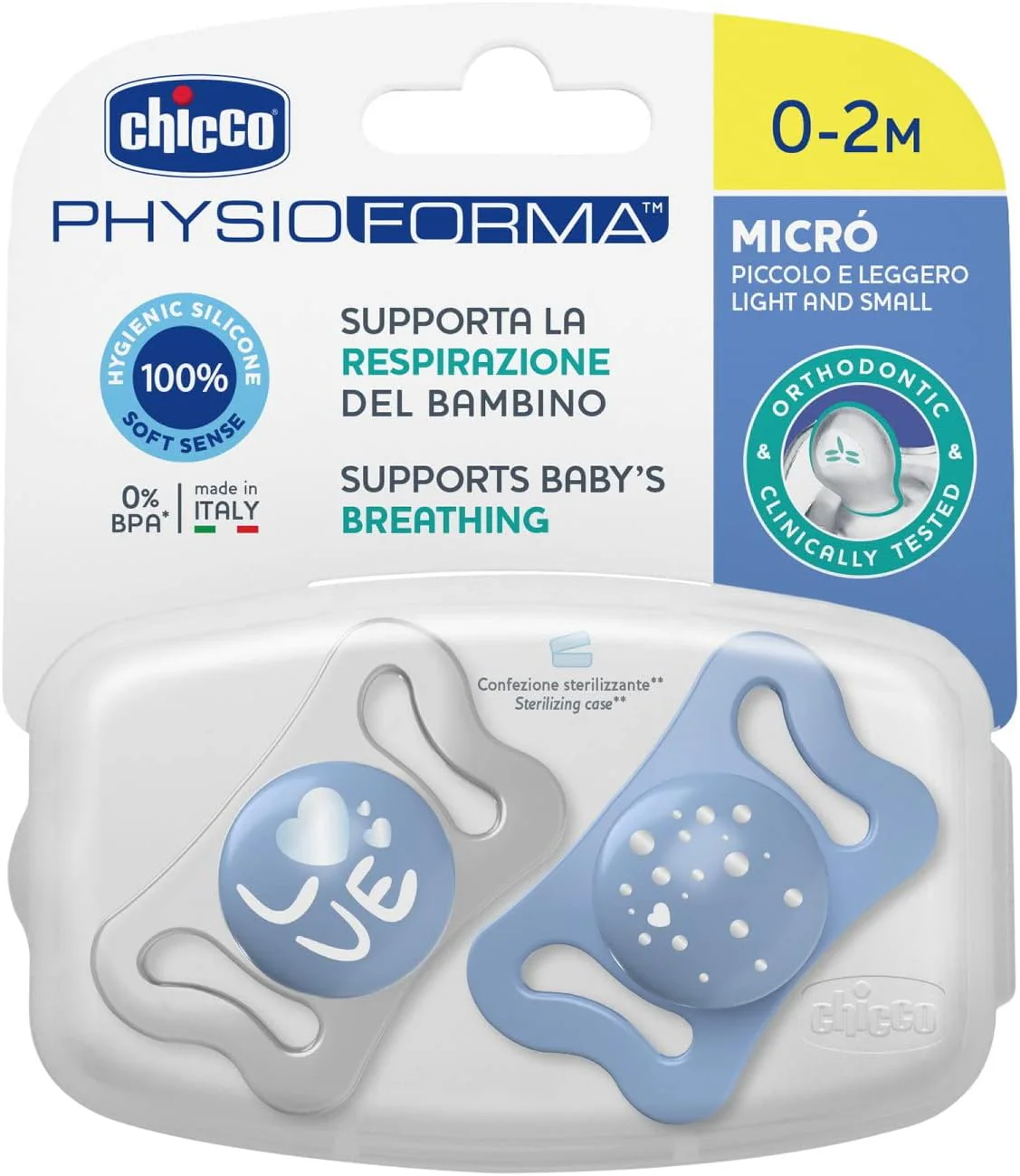 CHICCO - PHYSIO FORMA Micro Πιπίλα Σιλικόνης 0-2m (σιελ) - 2τεμ.